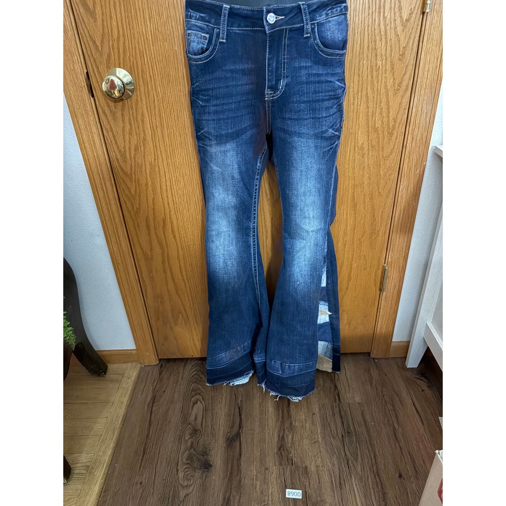 Grace in LA Flare Jeans Dark Wash Patchwork Plaid Suede Mixed Media Size 26